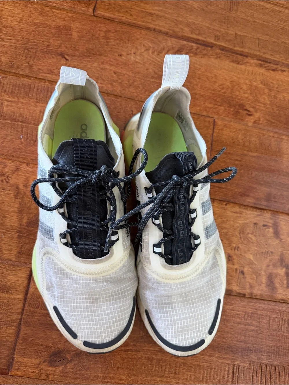 adidas White Sneakers with Black Stripes and Neon Green Accents